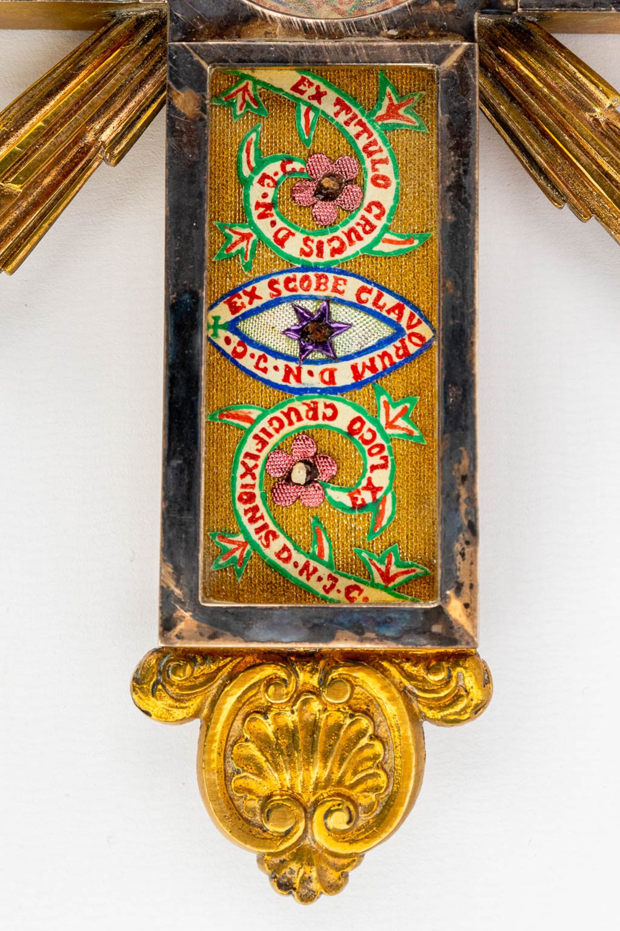 An antique reliquary box with relics a relic crucifix and embroidery. (L:13 x W:52 x H:75 cm) - Image 17 of 23