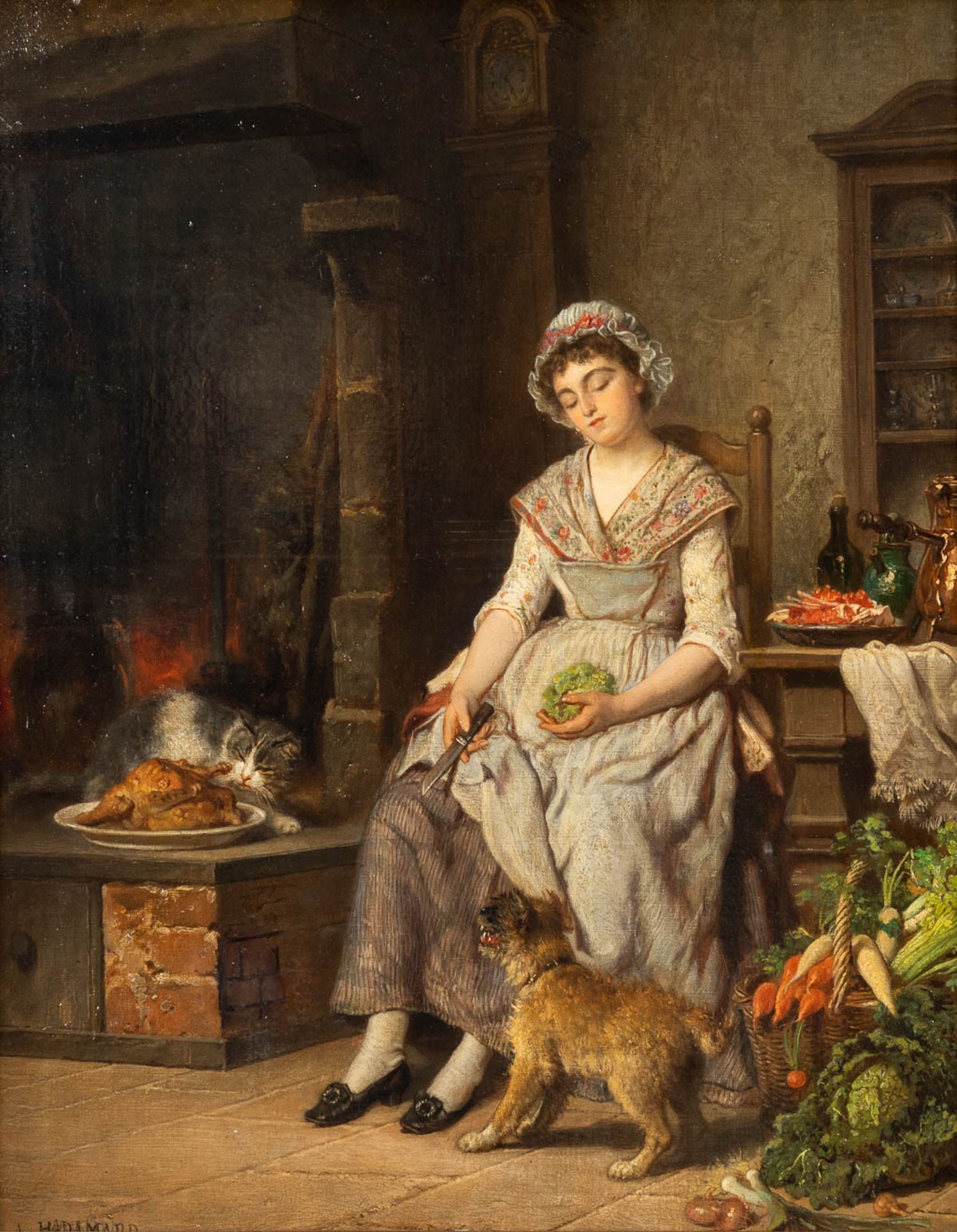 Auguste HADAMARD (1823-1886) 'Le Poulet Roti' oil on canvas. (W:40 x H:51 cm)