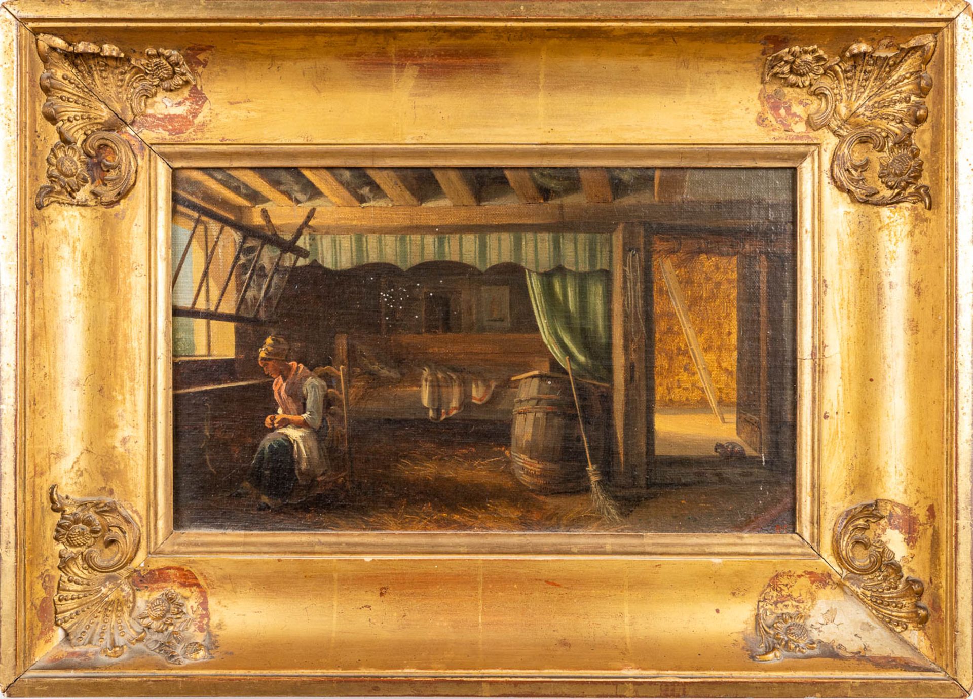 Monogram E.M. 'Interior of a stable', a painting, oil on panel. 19th C. (W:36 x H:21 cm) - Bild 3 aus 7
