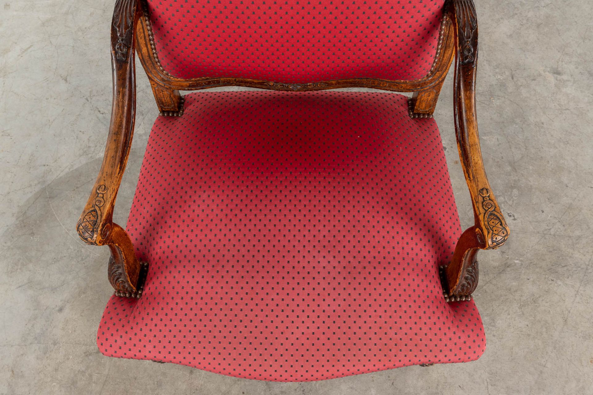 An armchair finished with red fabric and wood sculptures in Louis XV style. (L:73 x W:72 x H:108 cm - Image 12 of 13