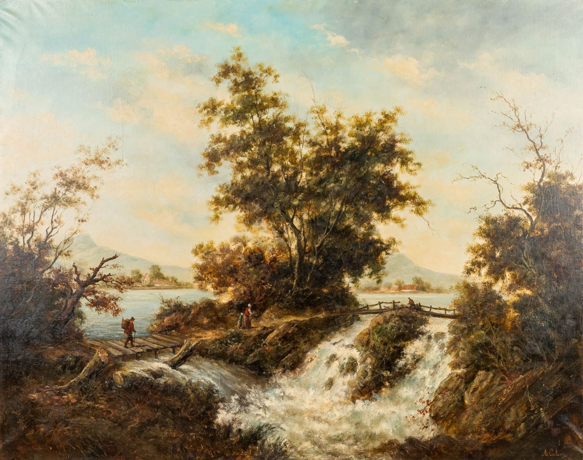 Arthur CALAME (1843-1919) 'The Waterfall', a painting oil on canvas. (W:130 x H:102 cm)