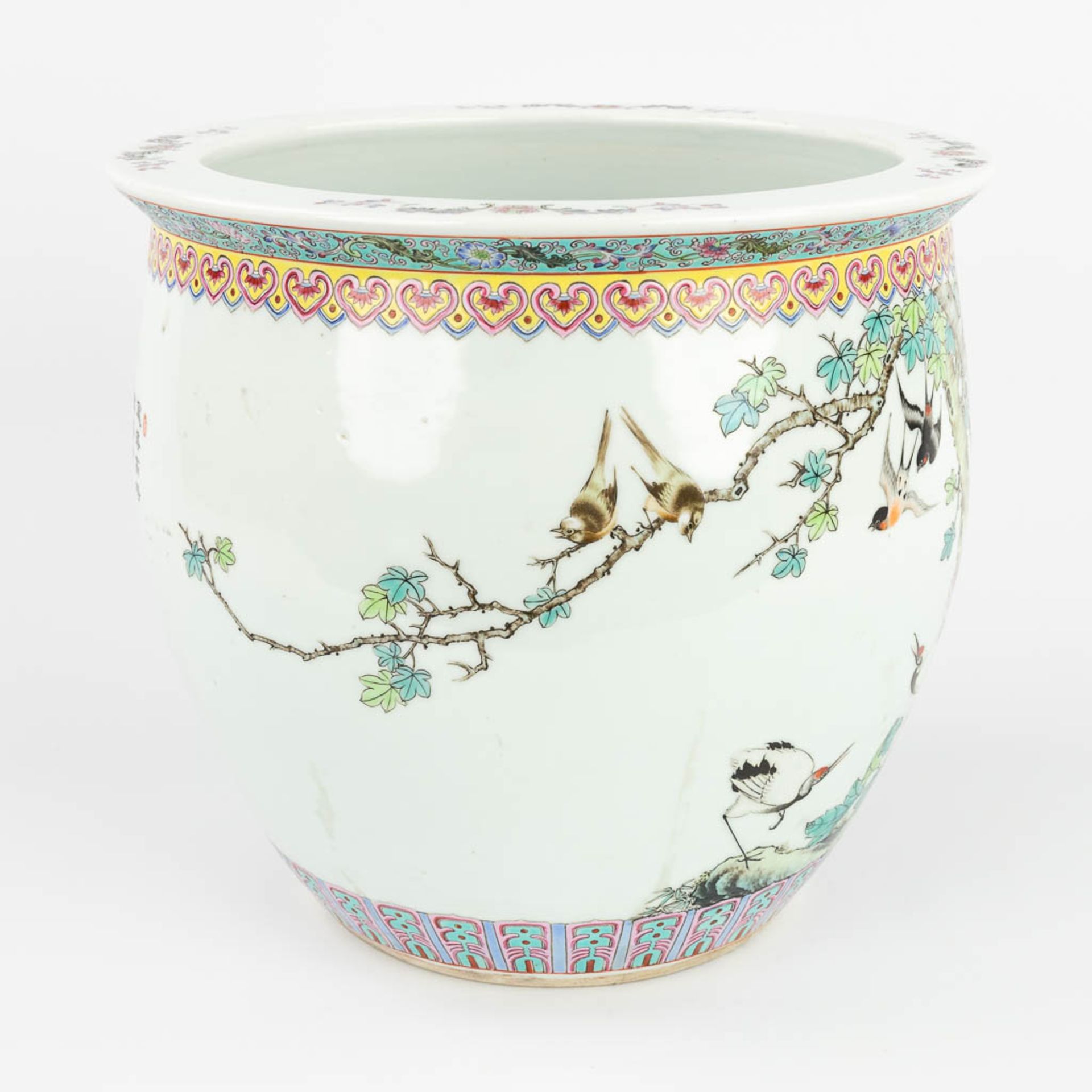 A Chinese cache pot made of porcelain and decorated with phoenixes. 20th C. (H:28 x D:31 cm) - Image 4 of 16