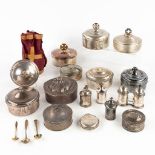 A collection of 16 storage boxes, Chrismarium, and spoons. Made of silver and silver-plated metal. (