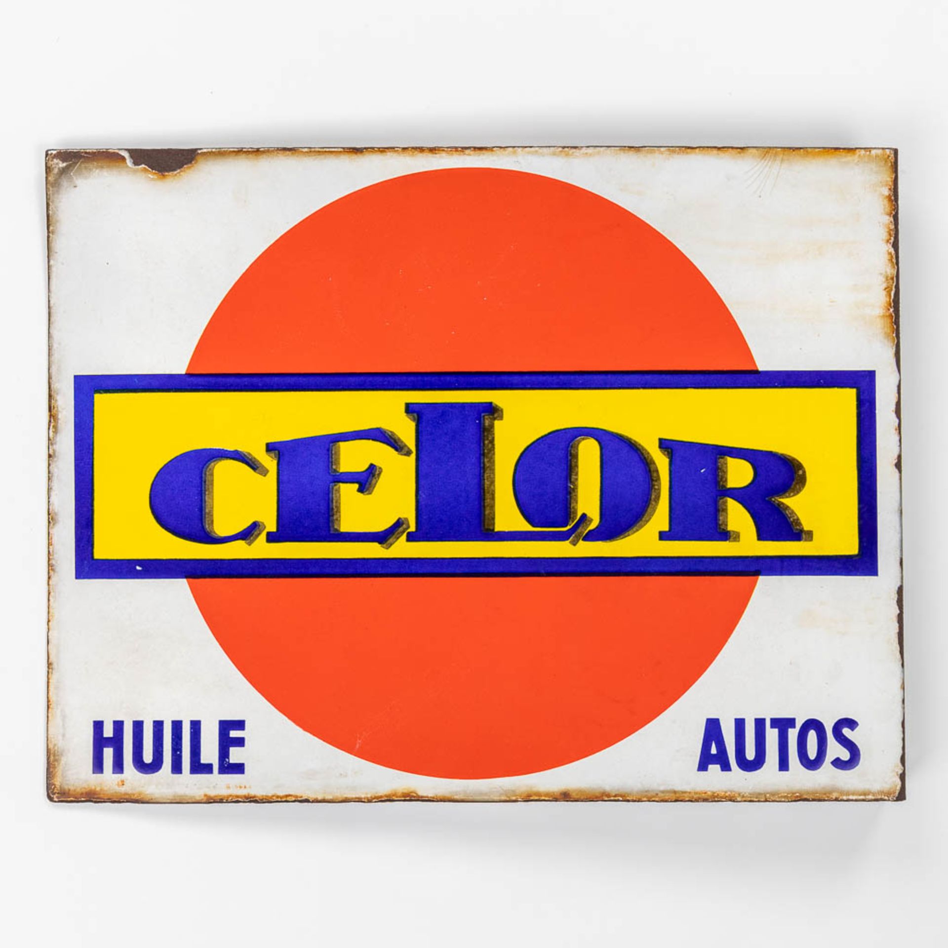 Celor Huile Autos, a double sided enameled plate. (W: 57 x H: 43 cm)
