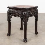 A Chinese hardwood side table with marble top. (L: 35 x W: 35 x H: 48 cm)