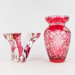Val Saint Lambert, a candelabra and vase, made of red crystal. (H: 28 x D: 17 cm)