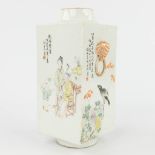 A Chinese Qianjian Cai vase, square, decorated with ladies, fauna and flora. 19th/20th century. (L: