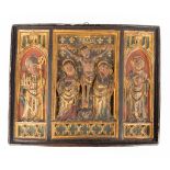 A religious Triptych made of patinated plaster in gothic revival style. 20th C. (W: 46 x H: 37 cm)