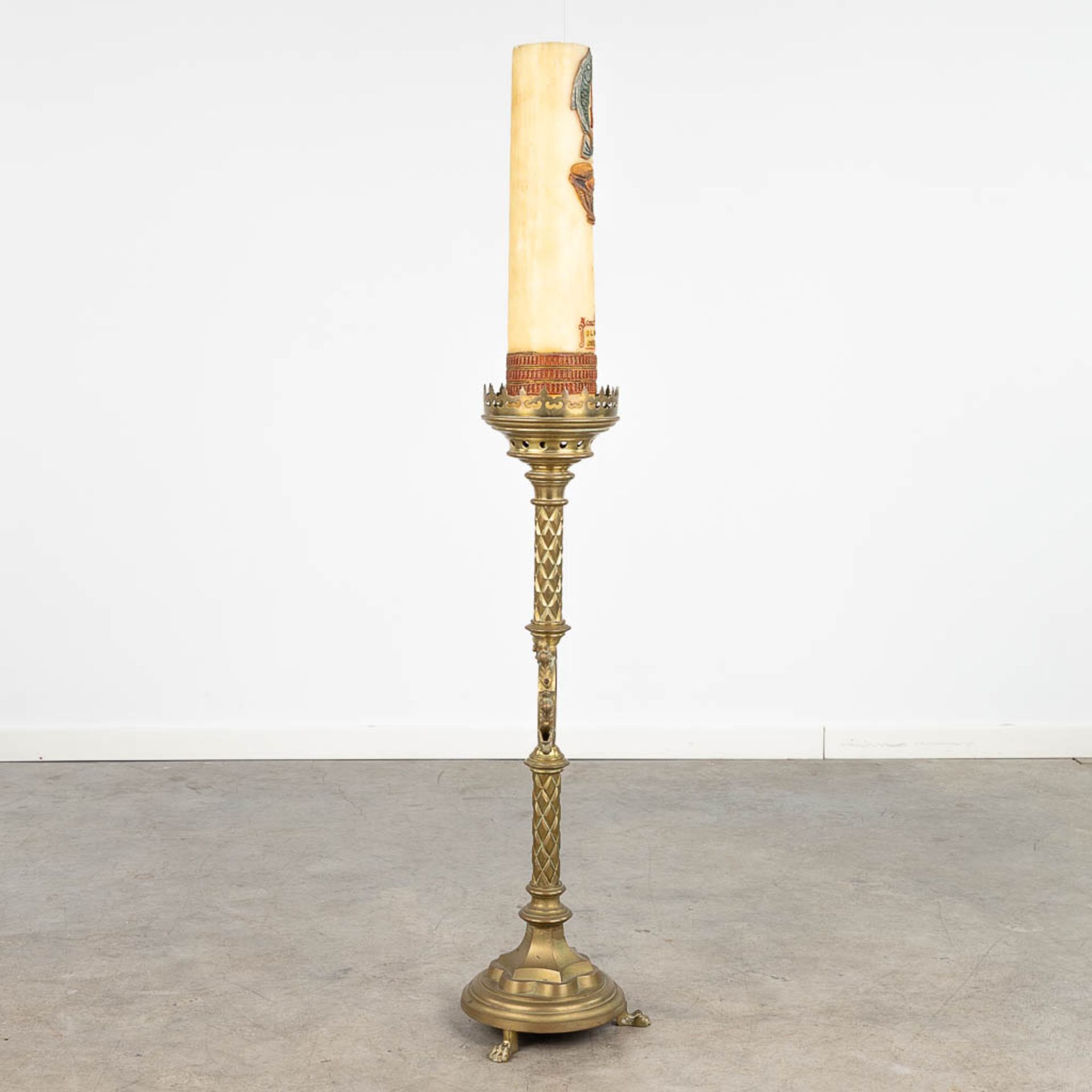 A large candlestick made of bronze, decorated with IHS logo. Gothic Revival style. (H: 92 cm) - Image 3 of 10