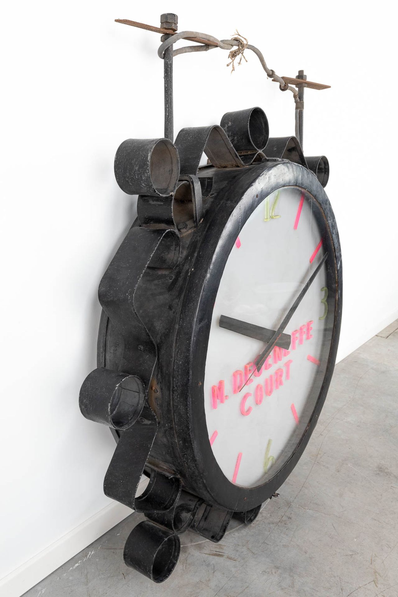 A large industrial double-sided hanging clock, marked M. Degeneffe, Court. (L: 22 x W: 104 x H: 120 - Image 9 of 12