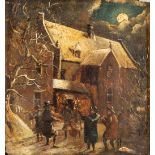 An antique painting 'winter Landscape with figurines' oil on panel. 19th C. (W: 10,5 x H: 11,5 cm)