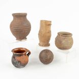 A collection of Sieburg Stoneware, added a cast-iron canonball. (H: 14 x D: 11 cm)