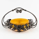 A fruit bowl with handle, made of wrought iron and pate de verre glass in art deco style. (L: 37 x W