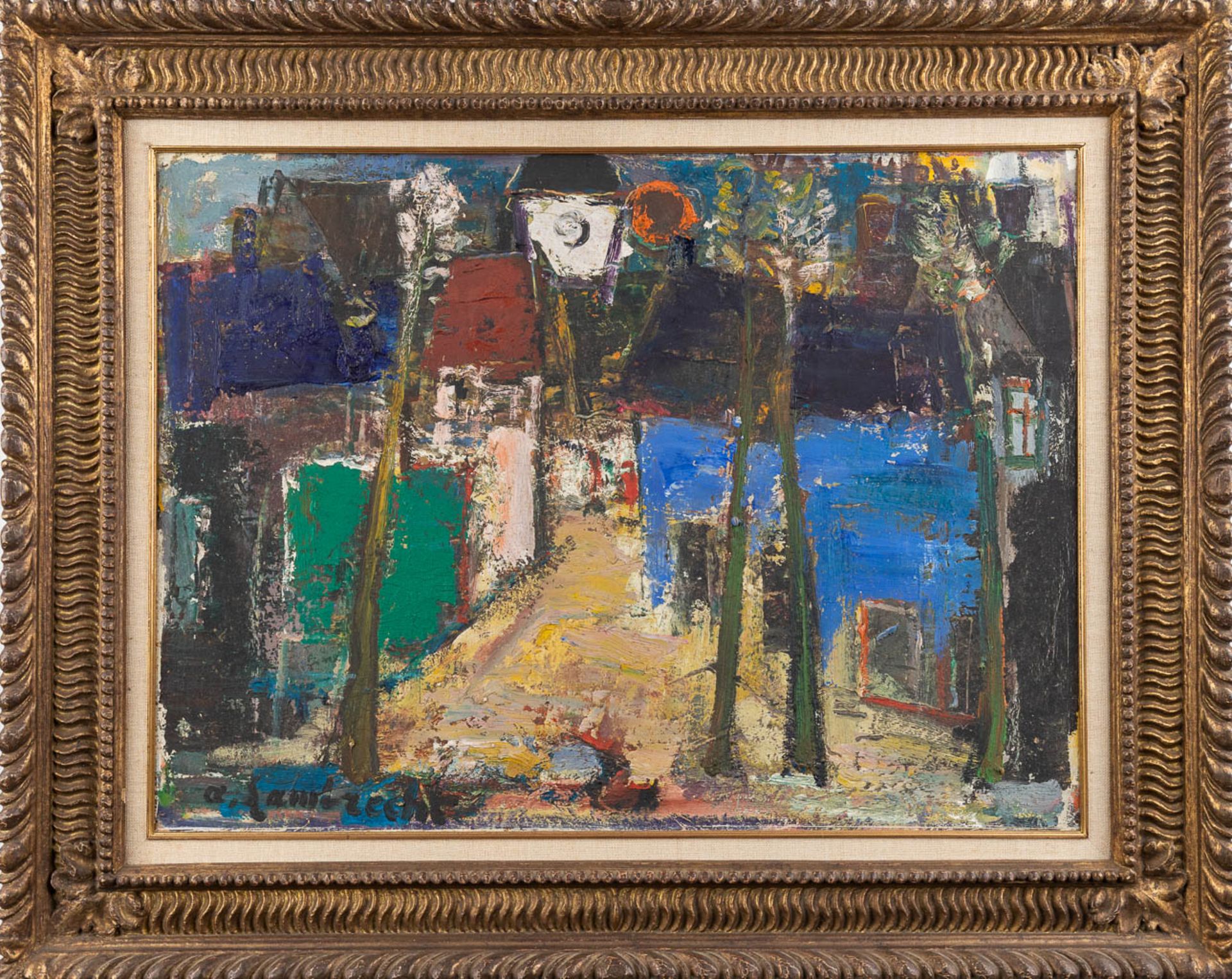 Arthur LAMBRECHT (1904-1983) 'Expressionist Village' oil on board. (W: 75 x H: 55 cm) - Image 3 of 7