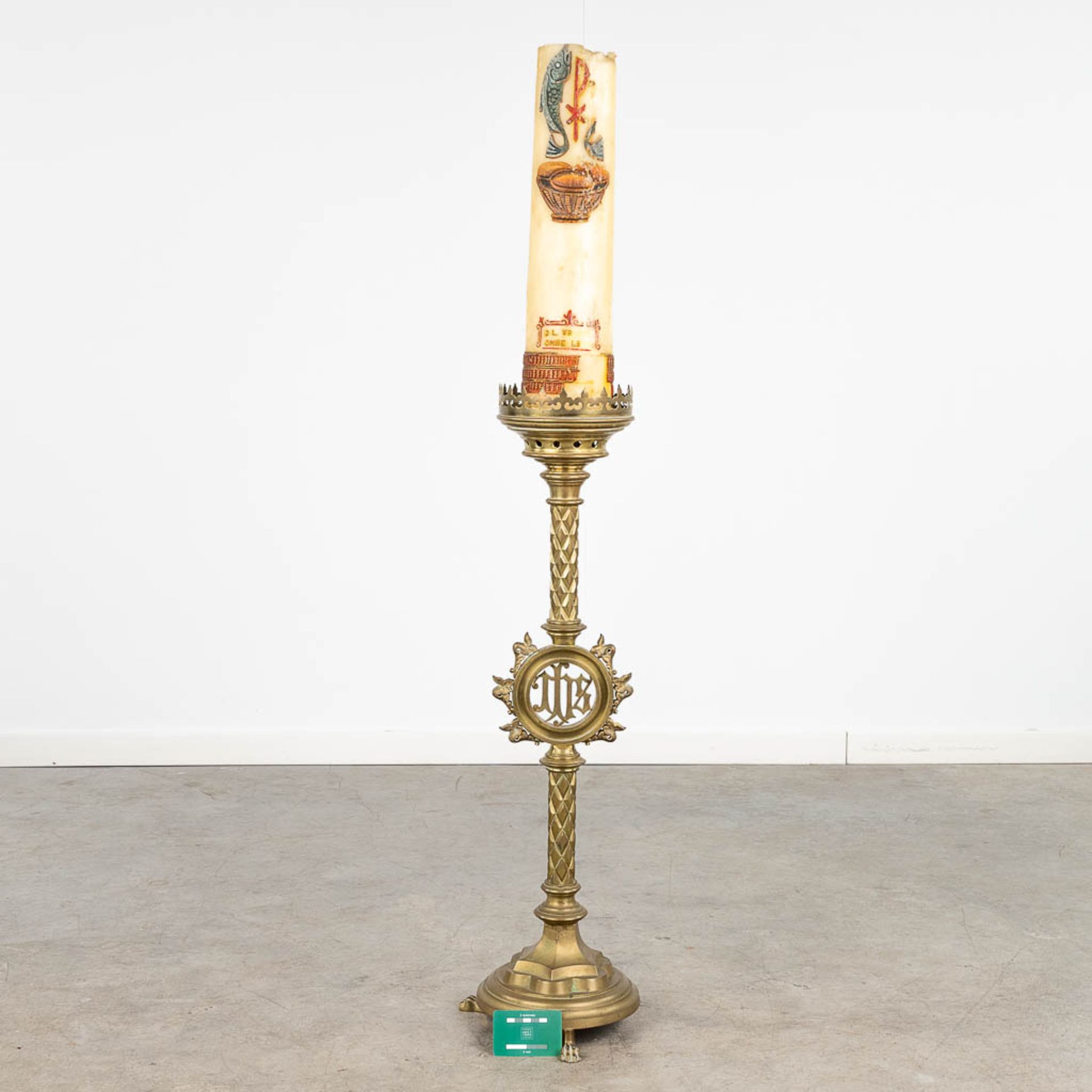 A large candlestick made of bronze, decorated with IHS logo. Gothic Revival style. (H: 92 cm) - Image 2 of 10