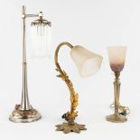 A collection of 3 table lamps, of which 2 have a Schneider signed lampshade. Silver-plated metal and