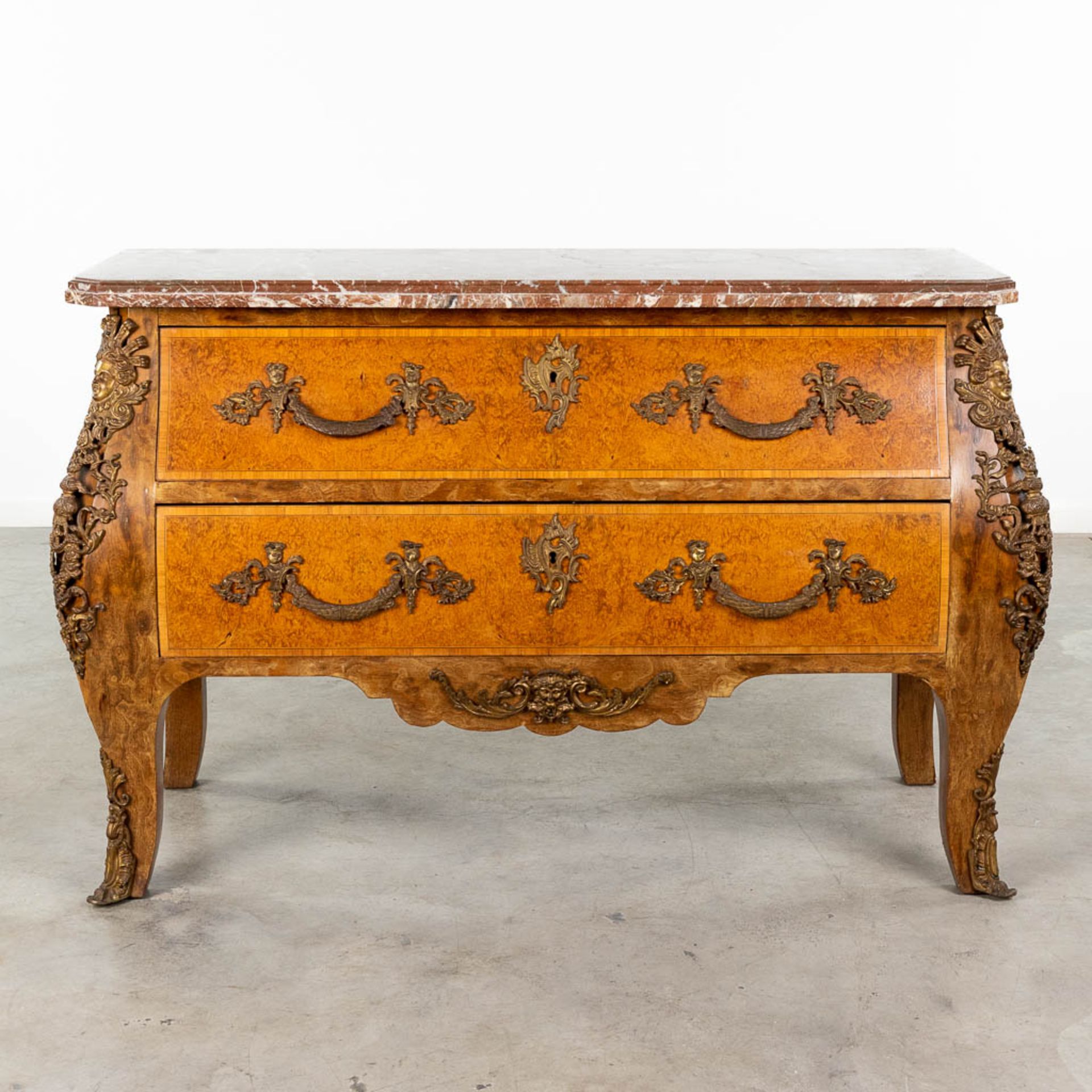 A two-drawer commode mounted with bronze and a marble top. 20th C. (L: 55 x W: 132 x H: 88 cm) - Image 3 of 19