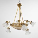 A chandelier made of bronze with an alabaster bowl and glass shades. (H: 64 x D: 80 cm)