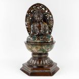 Guanyin on a lotus flower, patinated bronze finished with champsleve enamel. (L: 35 x W: 42 x H: 68