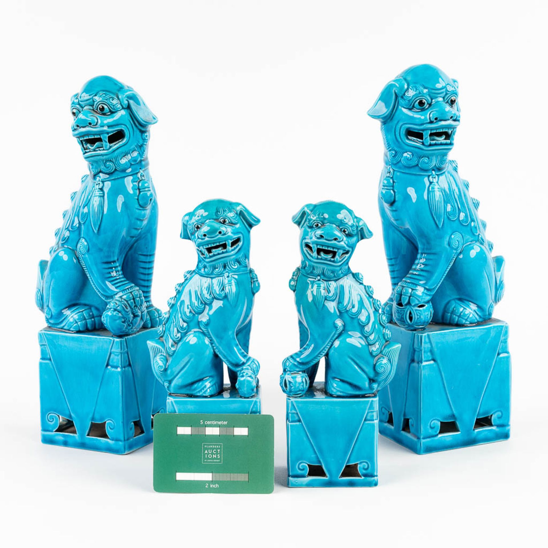A collection of 2 pairs of Foo dogs, made of blue glazed ceramics. 20th C. (L: 8 x W: 11 x H: 30 cm) - Image 2 of 12