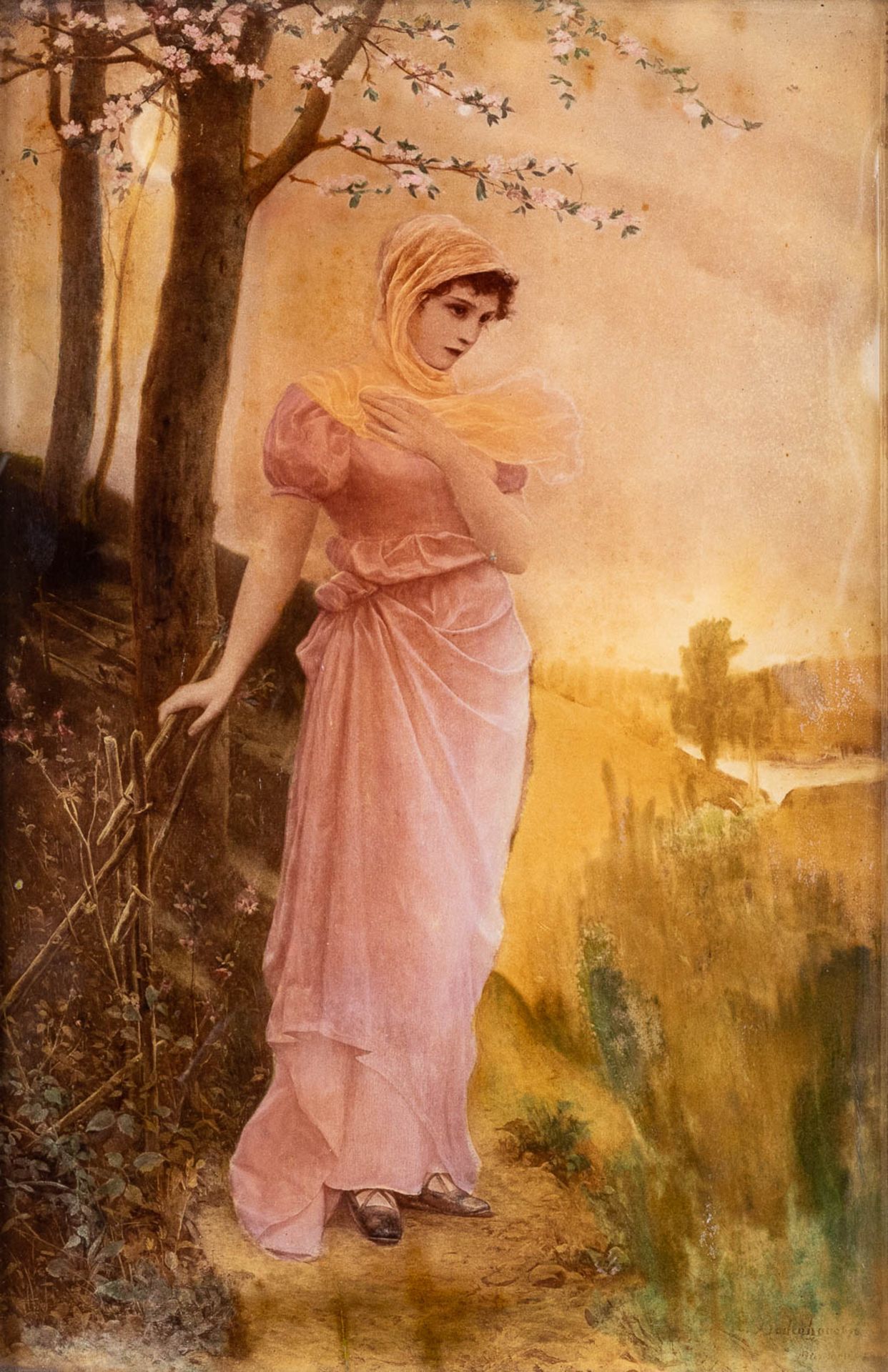 Cuno Freiherr VON BODENHAUSEN (1852-1931) 'Young Lady' oil and print on glass. (W: 16 x H: 25 cm)