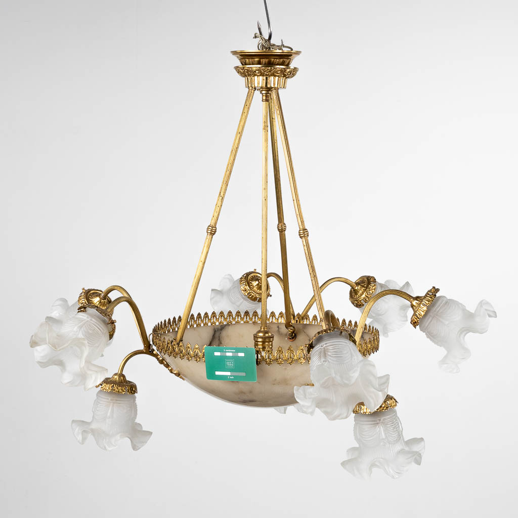 A chandelier made of bronze with an alabaster bowl and glass shades. (H: 64 x D: 80 cm) - Image 2 of 12