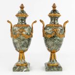 A pair of cassolettes made of green marble, mounted with gilt bronze in Louis XVI style. (L: 13 x W: