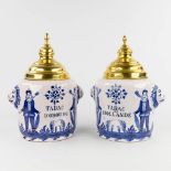 Tabac D'Oubourg, Tabac D'Hollande, a pair of faience tobacco jars with brass lids. 19th C. (L: 23,5