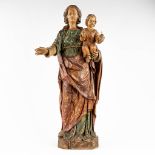 An antique wood-sculptured Madonna with Child. 19th C. (L: 29 x W: 43 x H: 94 cm)