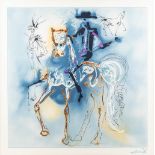 Salvador DALI (1904-1989) 'Dalian Horses' a framed silk scarf, Maeva 1988. (W: 90 x H: 90 cm)