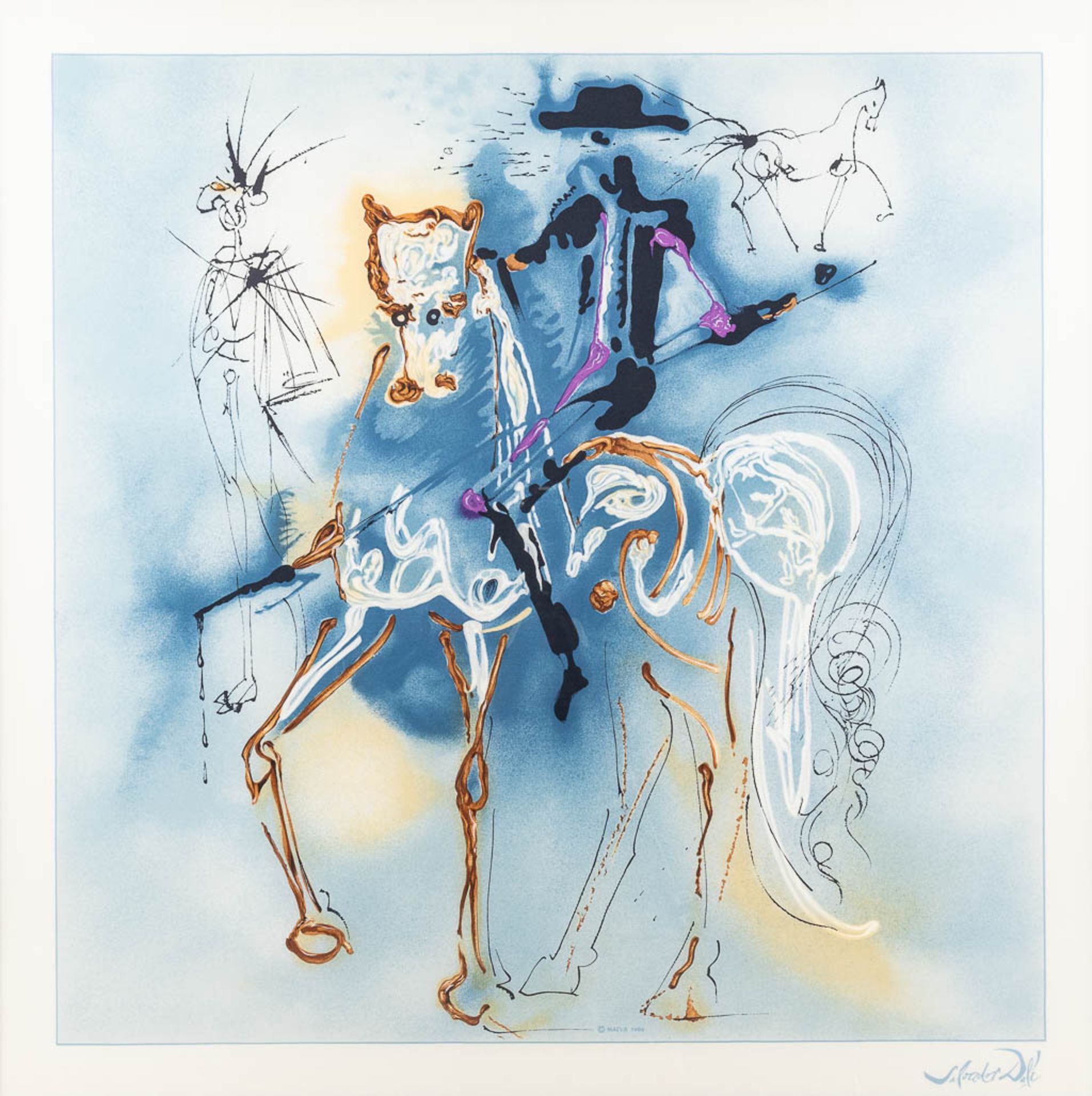 Salvador DALI (1904-1989) 'Dalian Horses' a framed silk scarf, Maeva 1988. (W: 90 x H: 90 cm)