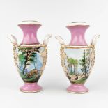 Vieux Bruxelles / Vieux Paris, a pair of vases with hand-painted decors of fauna and flora. Circa 19