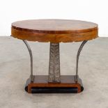 A side table in art deco style, silver-plated metal and veneered wood. Circa 1920. (L: 50 x W: 80 x