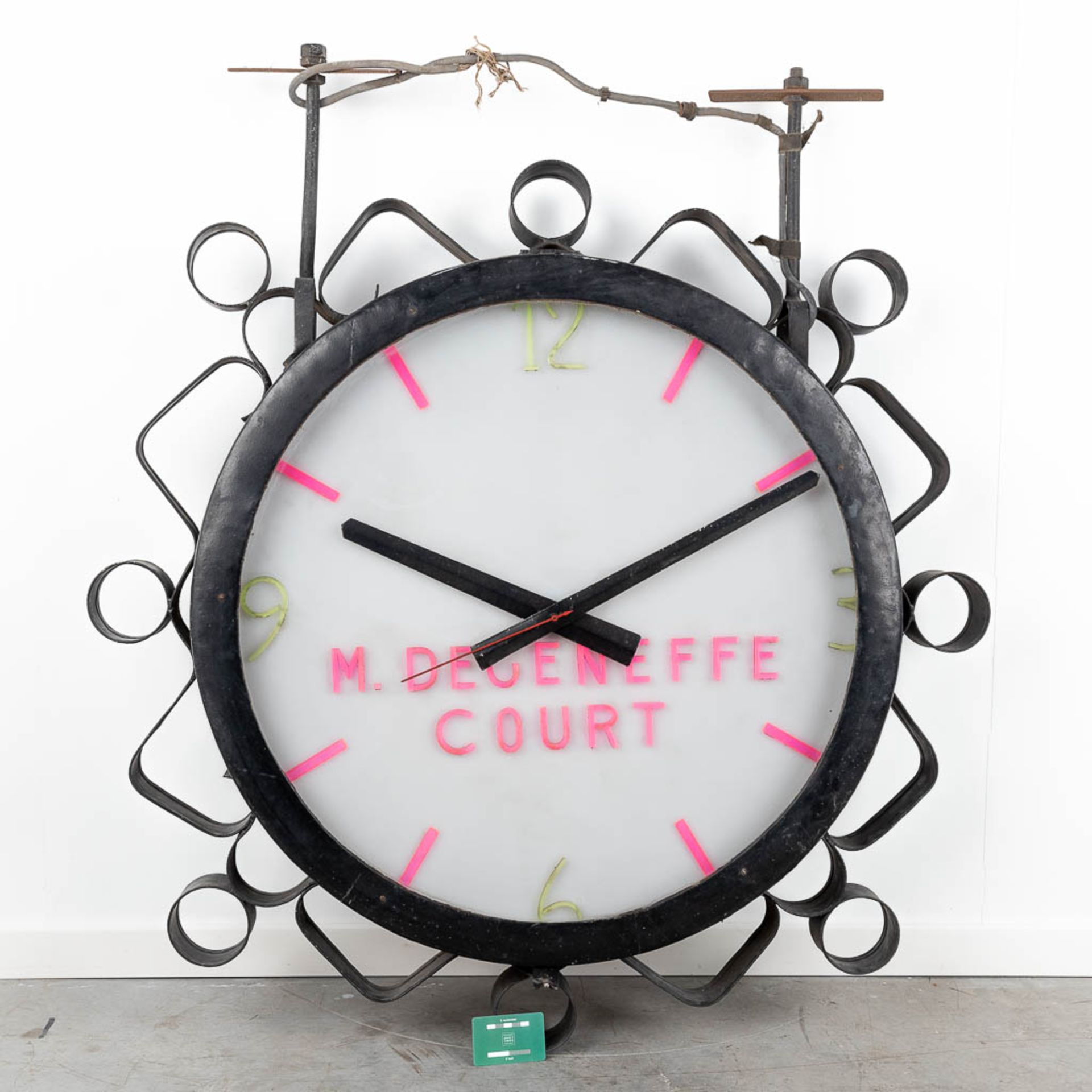 A large industrial double-sided hanging clock, marked M. Degeneffe, Court. (L: 22 x W: 104 x H: 120 - Image 2 of 12