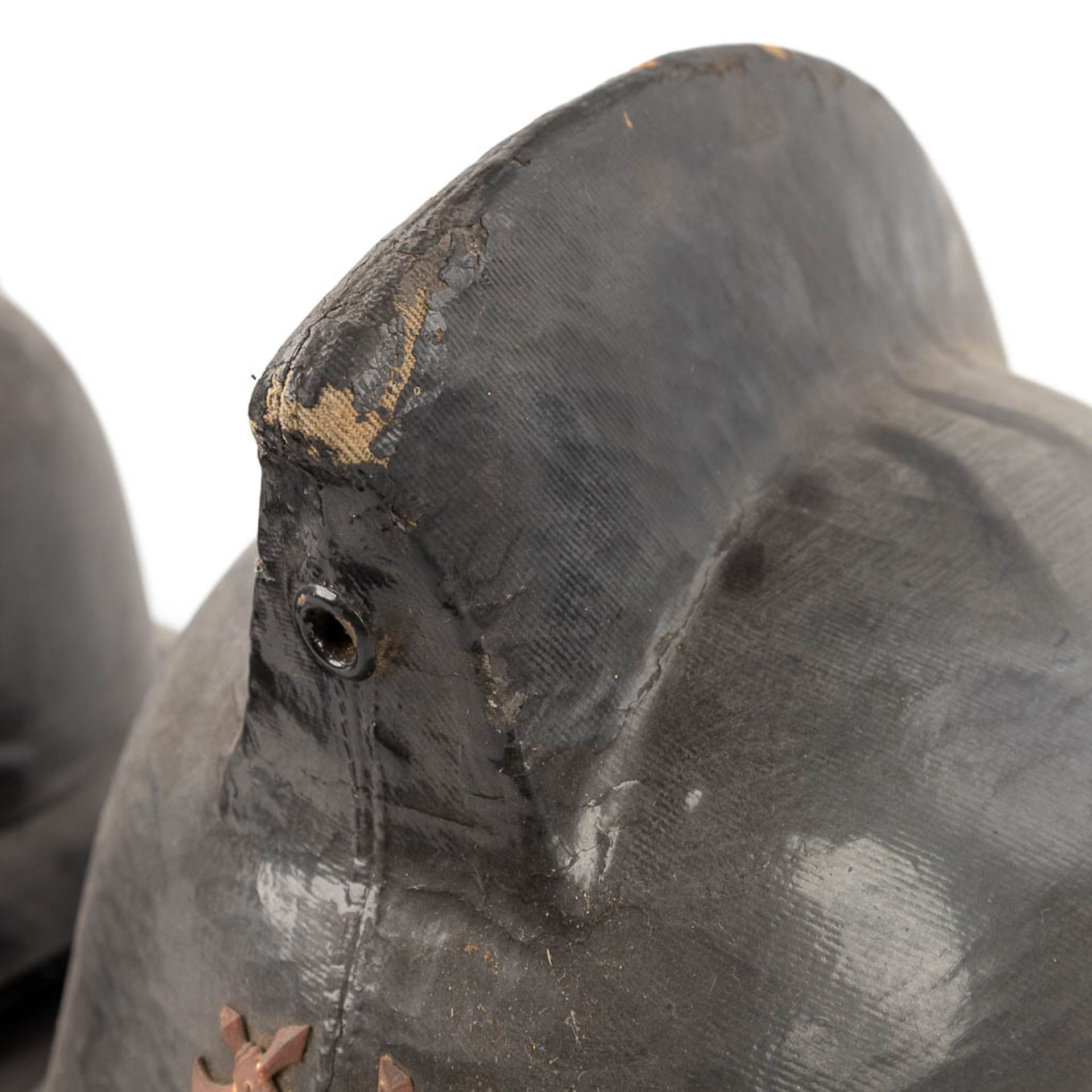 leviroLevior, a pair of antique helmets, made of leather. Marked Levior Depose. Circa 1920. (L: 37 x - Image 8 of 18