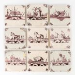 A collection of 9 Manganese tiles with images of landscapes and animals. 18th C. (L: 13 x W: 13 cm)