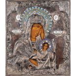 An Eastern-European icon, Madonna with child. Silver-plated metal and enamel. (W: 27 x H: 31 cm)