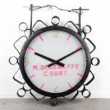 A large industrial double-sided hanging clock, marked M. Degeneffe, Court. (L: 22 x W: 104 x H: 120