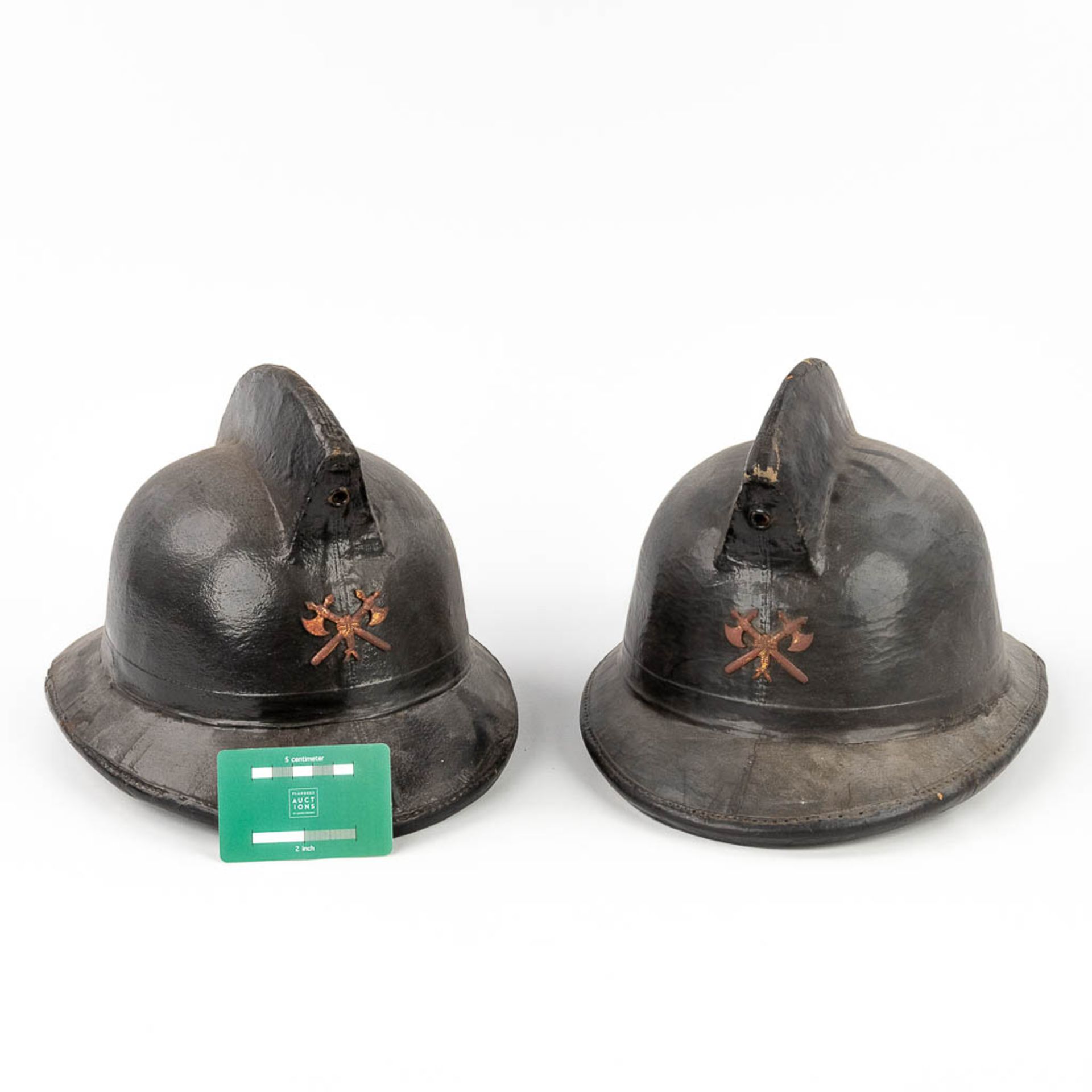 leviroLevior, a pair of antique helmets, made of leather. Marked Levior Depose. Circa 1920. (L: 37 x - Image 2 of 18