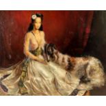Aime VAN BELLEGHEM (1922-1996) 'Lady with the greyhound' oil on panel. (W: 150 x H: 120 cm)