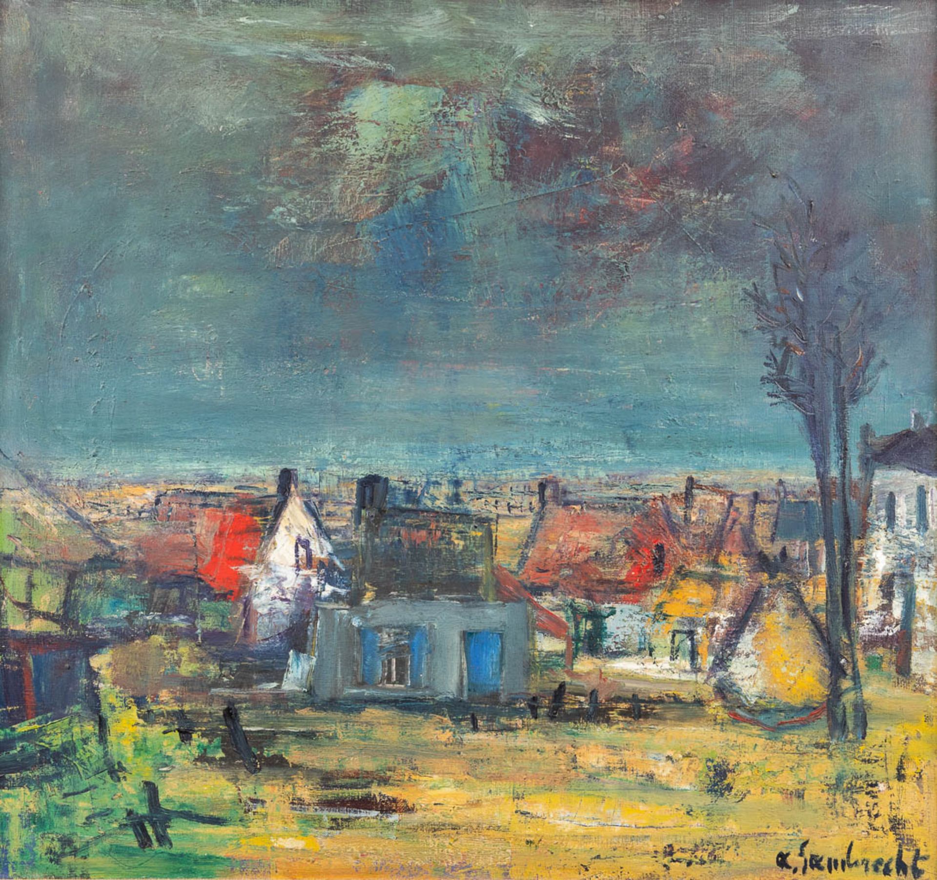 Arthur LAMBRECHT (1904-1983) 'Village View' oil on canvas. (W: 76 x H: 71 cm)