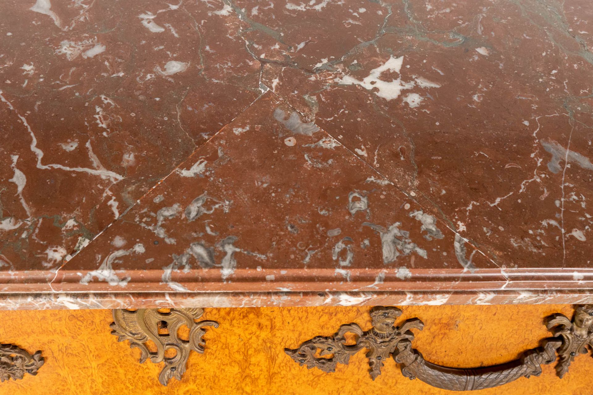 A two-drawer commode mounted with bronze and a marble top. 20th C. (L: 55 x W: 132 x H: 88 cm) - Image 9 of 19