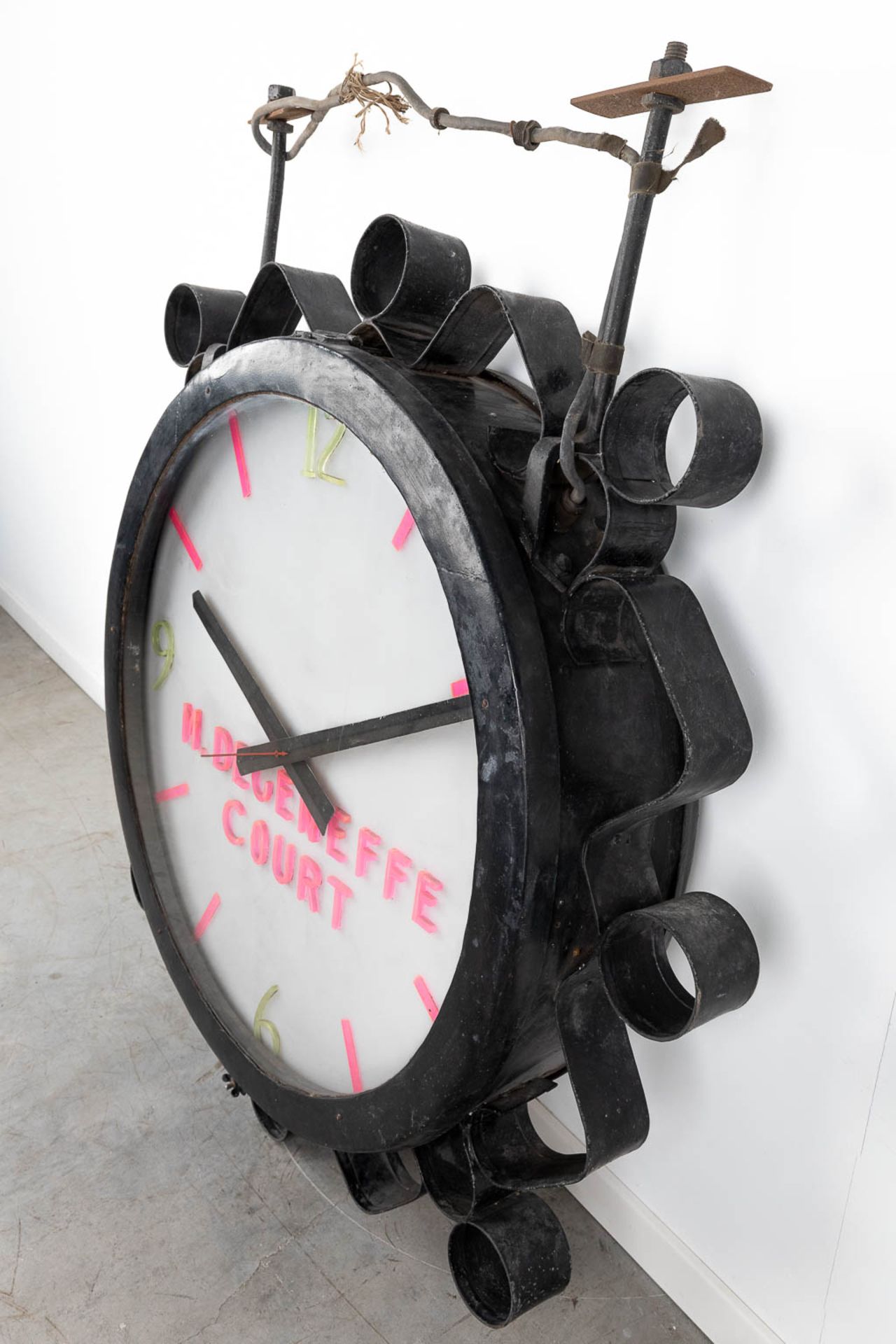 A large industrial double-sided hanging clock, marked M. Degeneffe, Court. (L: 22 x W: 104 x H: 120 - Image 10 of 12