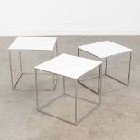 A set of 3 side tables, acrylic on a metal frame. Circa 1960. (L: 28 x W: 28 x H: 29 cm)