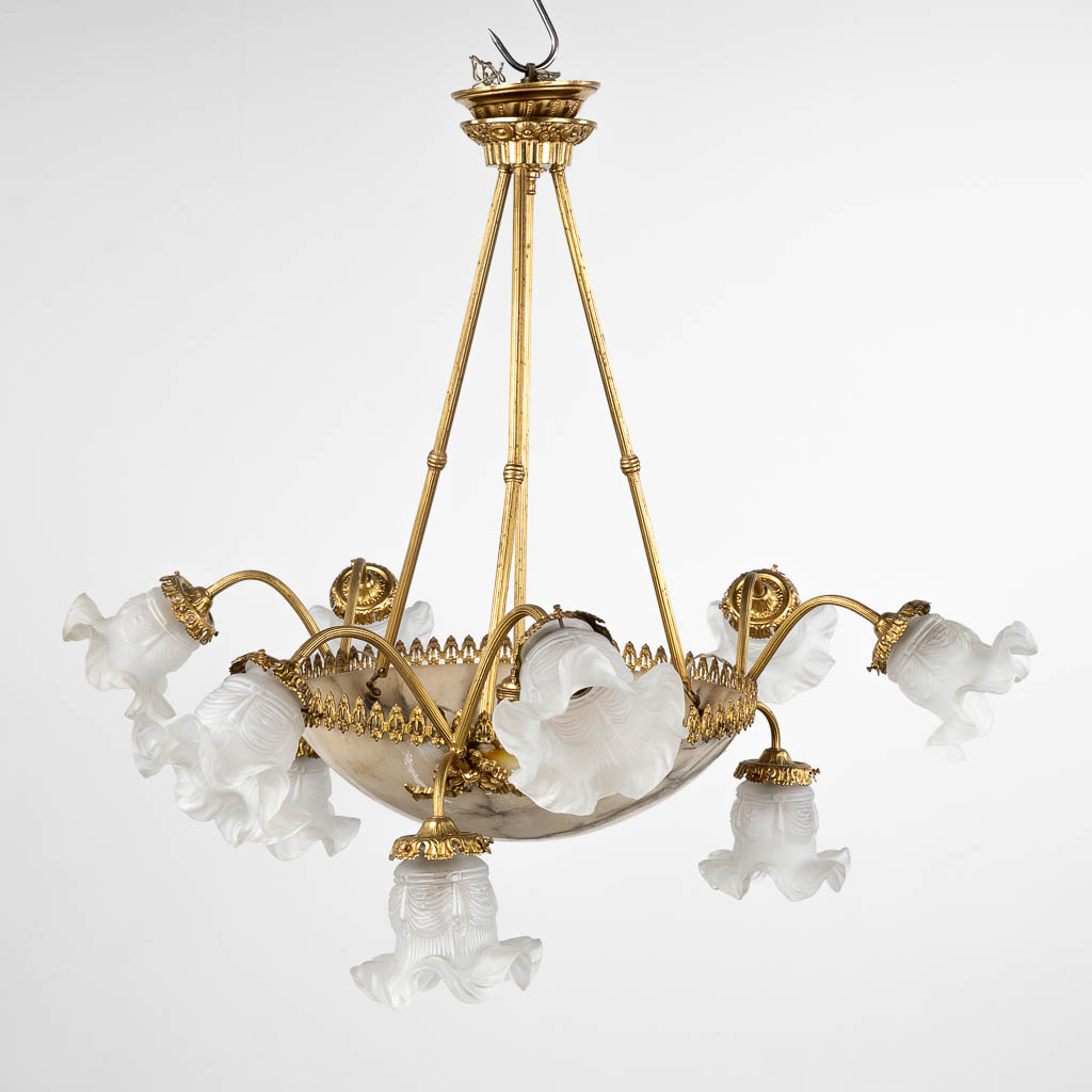 A chandelier made of bronze with an alabaster bowl and glass shades. (H: 64 x D: 80 cm) - Image 3 of 12