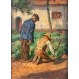 Emile ROMMELAERE (1873-1961) 'Two Farmers' oil on canvas. (W: 28 x H: 38 cm)