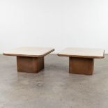 De Sede, a pair of coffee tables/side tables, leather with a travertine top. Circa 1980. (L: 80 x W: