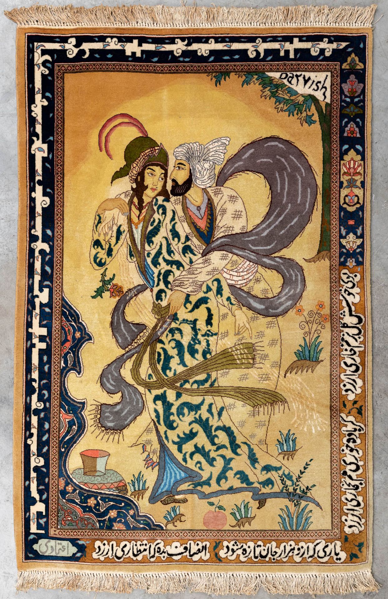 A figurative oriental, hand-made carpet, made in Tabriz, Iran. (L: 150 x W: 100 cm)