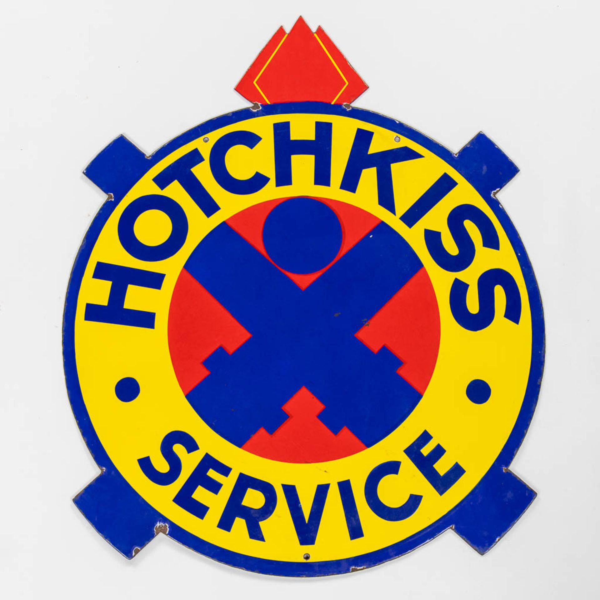 Hotchkiss Service emaillerie Alsacience, a double sided enamel plate. (W: 77 x H: 93 cm)