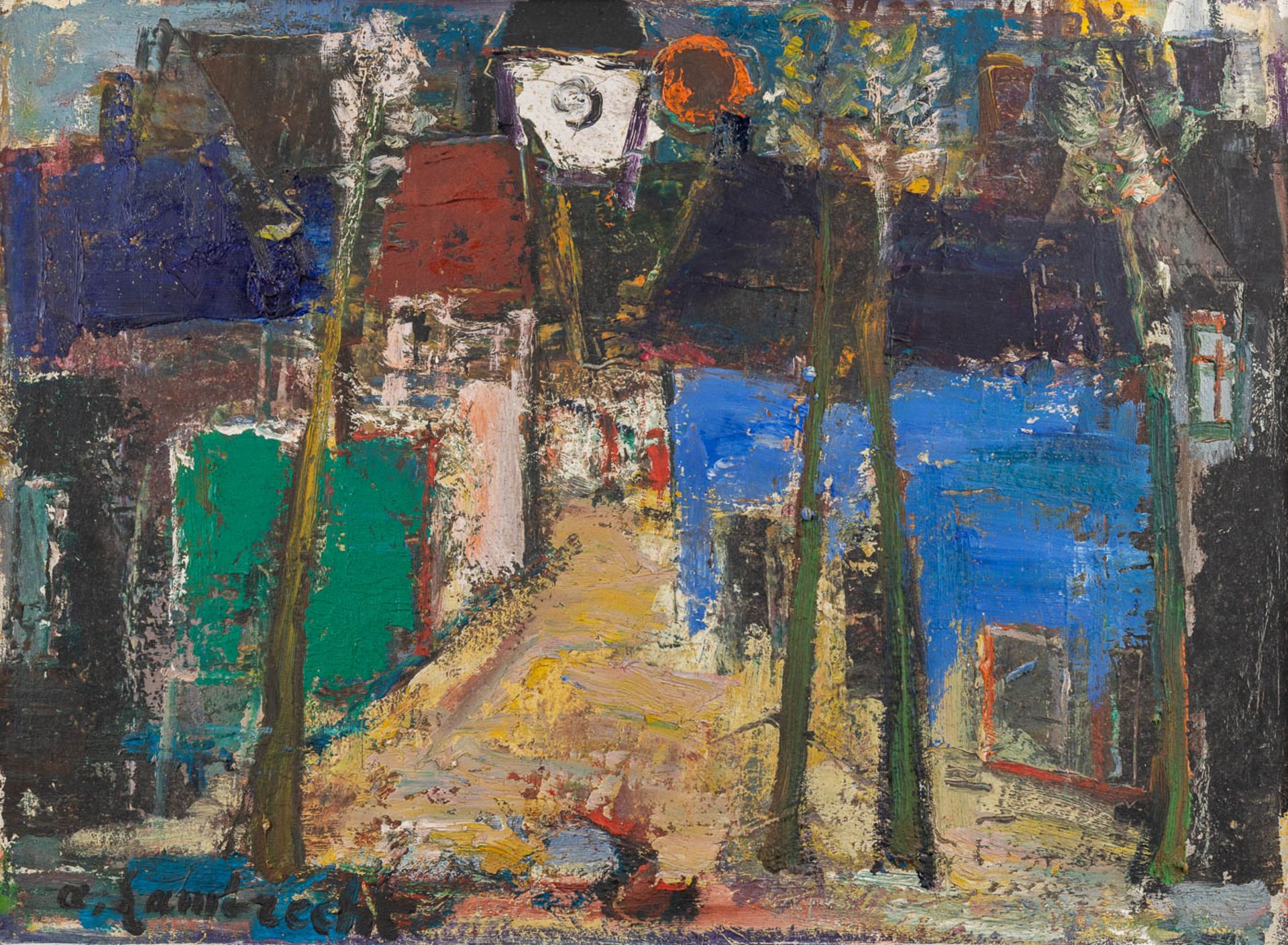 Arthur LAMBRECHT (1904-1983) 'Expressionist Village' oil on board. (W: 75 x H: 55 cm)